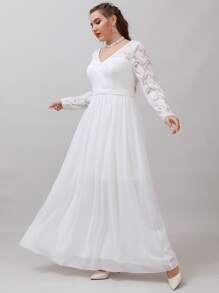 SHEIN Belle Vestido de novia con encaje en contraste de gasa maxi - Blanco - Ver 6