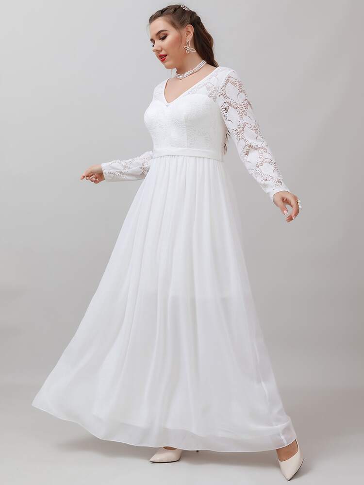 SHEIN Belle Plus Contrast Lace Chiffon Maxi Wedding Dress - White - View 6