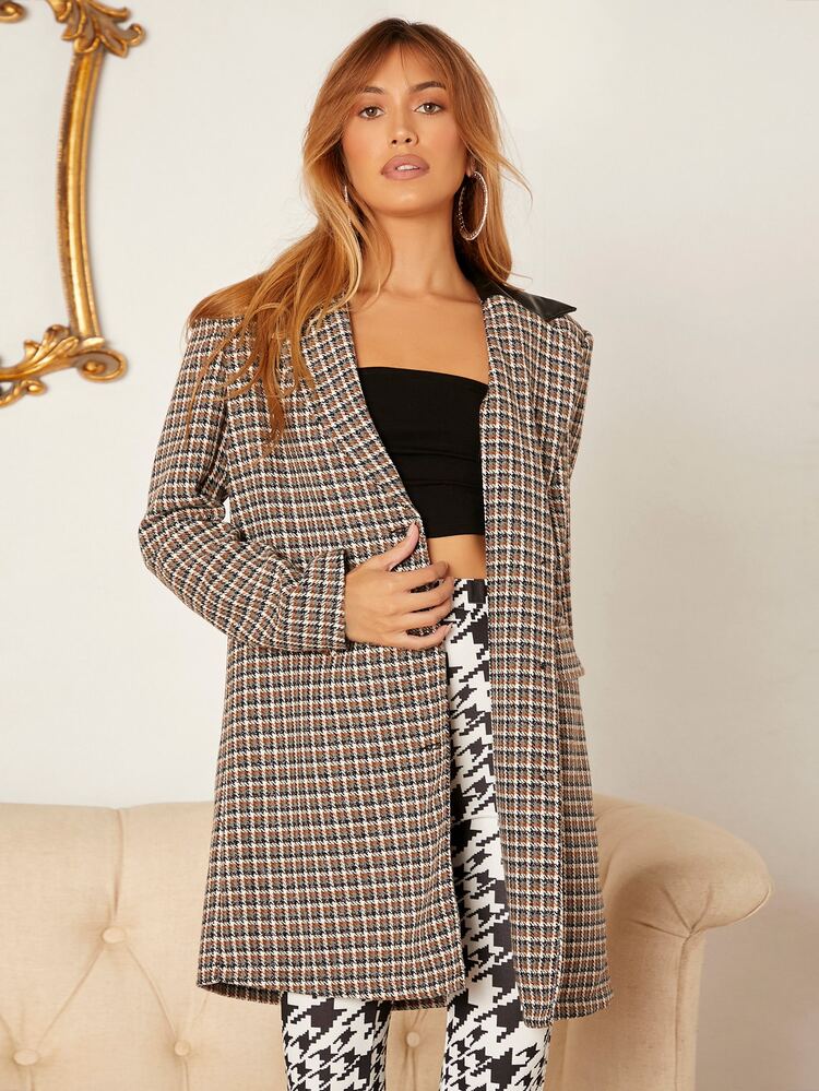 SHEIN Privé Áo khoác ngoài nữ Tương phản ren Hem thô Nút phía trước Sọc ca rô Thanh lịch - Nhiều màu - Xem 4