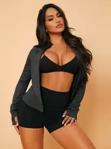 SHEIN Solid Zip Up Raglan Sleeve Sports Jacket - Dark Grey - View 5