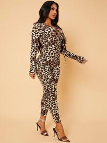 SHEIN SXY Leopard Print Lace Up Front Unitard Jumpsuit - Multicolor - View 3
