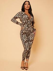 SHEIN SXY Leopard Print Lace Up Front Unitard Jumpsuit - Multicolor - View 4
