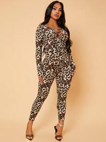 SHEIN SXY Leopard Print Lace Up Front Unitard Jumpsuit - Multicolor - View 5