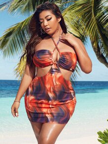 Plus Size Allover Print Halter High Waisted Tankini Summer Beach - Multicolor - View 1