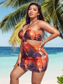 Plus Size Allover Print Halter High Waisted Tankini Summer Beach - Multicolor - View 4