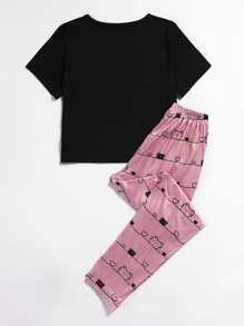 Letter & Cartoon Graphic PJ Set - Multicolor - View 2