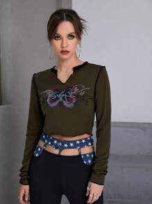 ROMWE PUNK Notch Neck Butterfly Print Lettuce Trim Crop Tee - Army Green - View 3