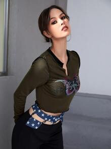 ROMWE PUNK Notch Neck Butterfly Print Lettuce Trim Crop Tee - Army Green - View 4