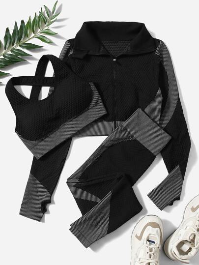 3 pièces Ensemble d'entraînement avec rayures texturées, soutien-gorge à croisillons, veste avec trou pour le pouce et leggings à large taille élastique pour femmes