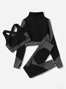 Easithlete 3 件套纹理细条纹健身套装运动服交叉胸罩和拇指孔夹克和宽腰带紧身裤健身女士套装 - 黑色 - 查看 2