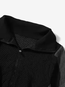 Easithlete 3 件套纹理细条纹健身套装运动服交叉胸罩和拇指孔夹克和宽腰带紧身裤健身女士套装 - 黑色 - 查看 3