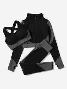 Easithlete 3 件套纹理细条纹健身套装运动服交叉胸罩和拇指孔夹克和宽腰带紧身裤健身女士套装 - 黑色 - 查看 5