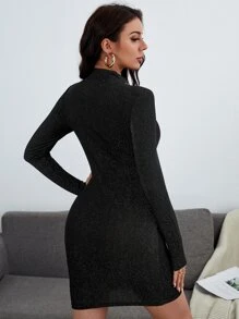 SHEIN Essnce Mock Neck Glitter Bodycon Dress - Black - View 2