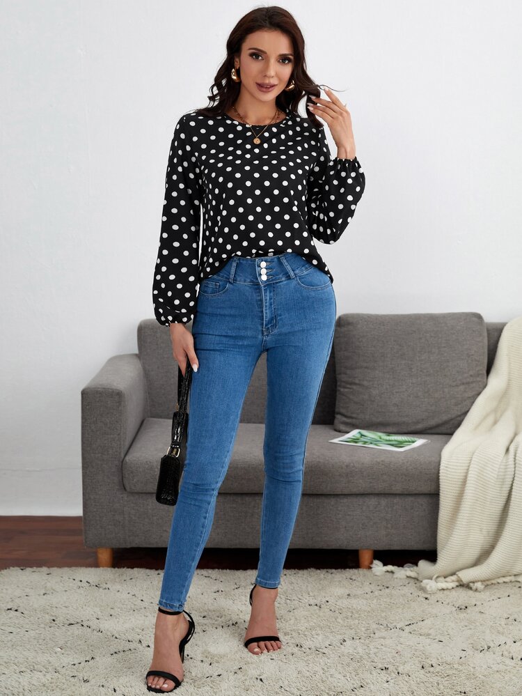 Blusa de lunares de manga farol - Negro - Añade 3