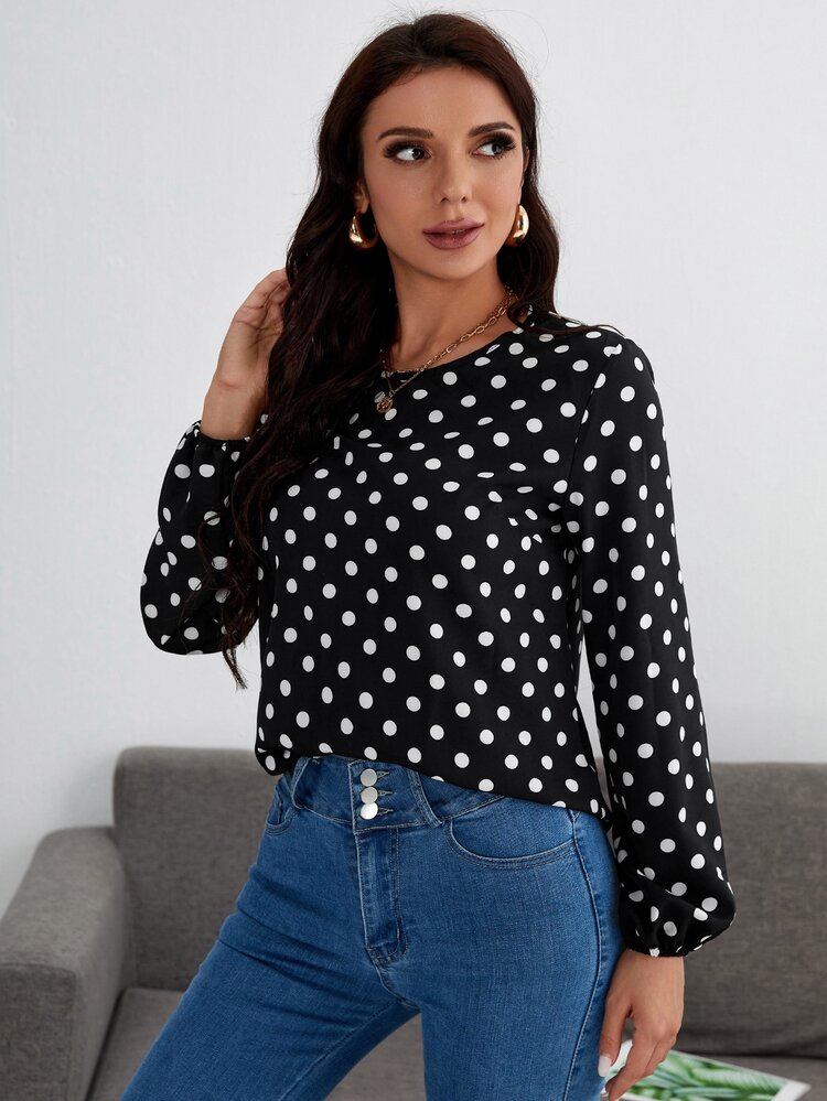 Blusa de lunares de manga farol - Negro - Añade 4