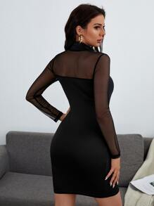 Chiquease Đầm Tương phản Mesh màu trơn Thanh lịch - màu đen - Xem 2