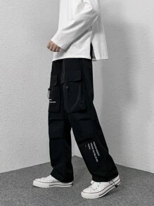 Manfinity Men Slogan Graphic Flap Pocket Drawstring Hem Trousers - Black - View 1