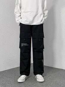 Manfinity Men Slogan Graphic Flap Pocket Drawstring Hem Trousers - Black - View 3