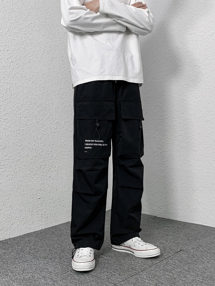 Manfinity 男士休閒口號圖形翻蓋口袋束口下擺長褲 - 黑色 - 查看 6