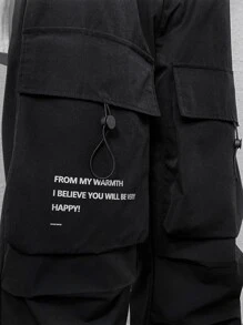 Manfinity Men Slogan Graphic Flap Pocket Drawstring Hem Trousers - Black - View 8