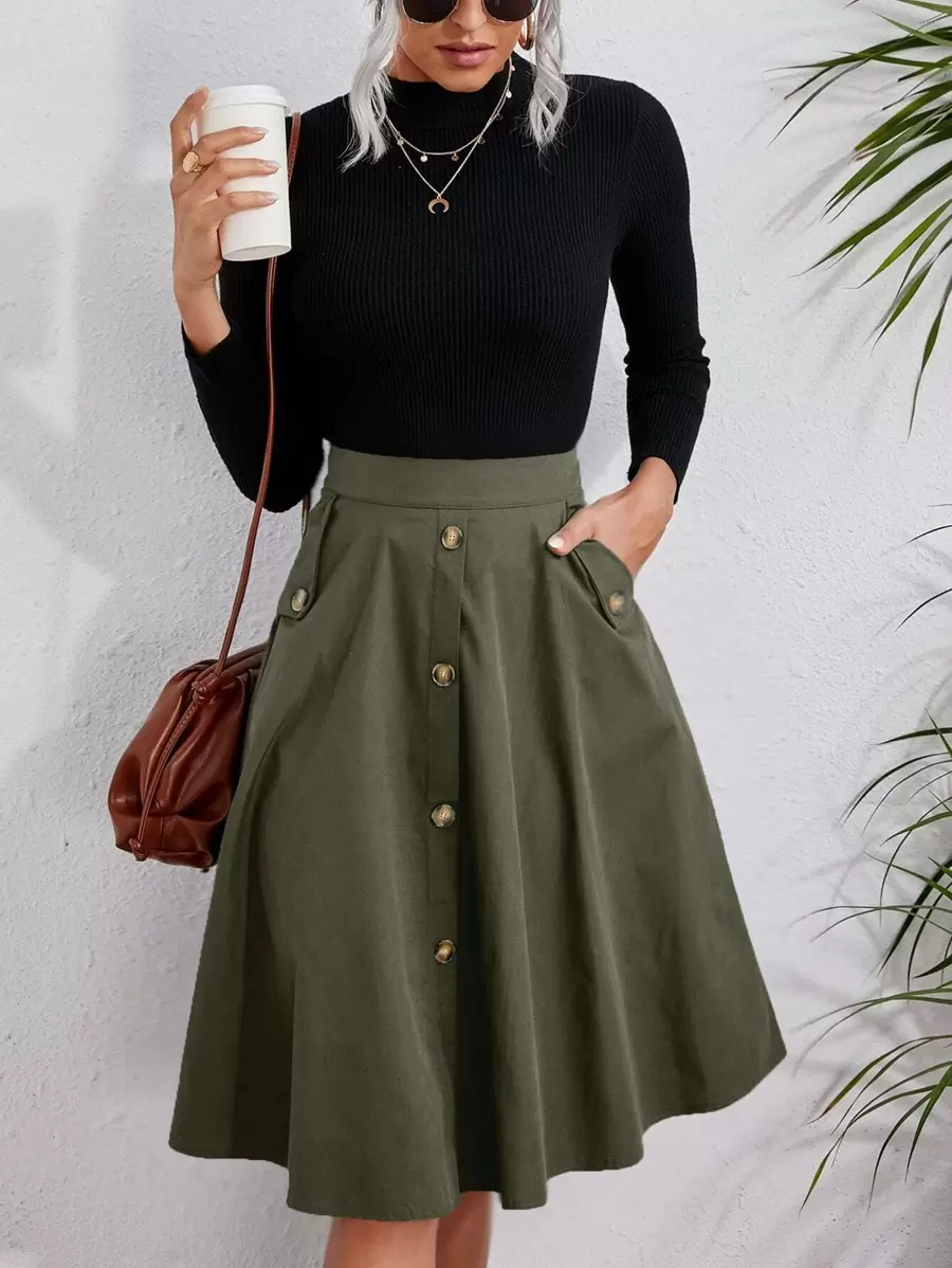 Calvaya Solid Single Breasted Flare Skirt