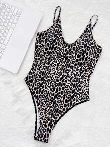 SHEIN Swim 1pc Leopard Print Backless Monokini Swimsuit Summer - Apricot - View 5