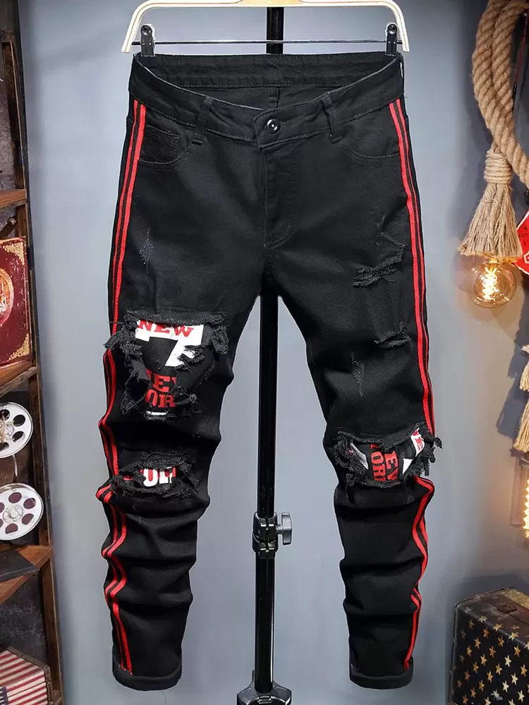 Men Cotton Letter Patched Ripped Contrast Tape Jeans, Men Ripped Jeans, Black Ripped Jeans Men, Men Graphic Jeans