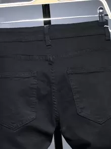 Manfinity LEGND Men Cotton Letter Patched Ripped Contrast Tape Jeans, Men Ripped Jeans, Black Ripped Jeans Men, Men Graphic Jeans - Black - View 6