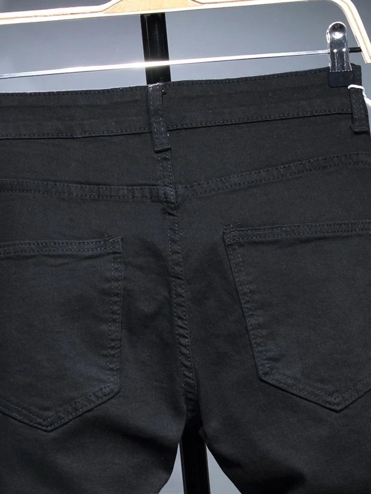 Men Cotton Letter Patched Ripped Contrast Tape Jeans, Men Ripped Jeans, Black Ripped Jeans Men, Men Graphic Jeans