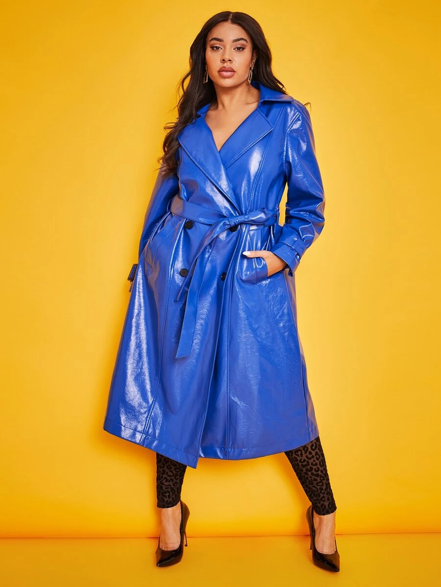 SHEIN Plus Double Breasted Belted Patent Trench Coat - Blue - View 1