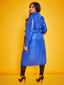SHEIN Plus Double Breasted Belted Patent Trench Coat - Blue - View 2