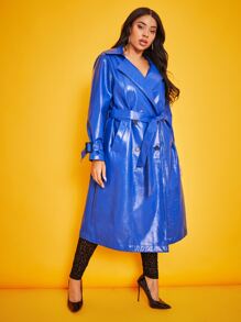 SHEIN Plus Double Breasted Belted Patent Trench Coat - Blue - View 3