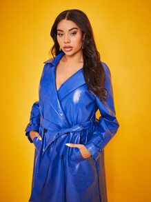 SHEIN Plus Double Breasted Belted Patent Trench Coat - Blue - View 4