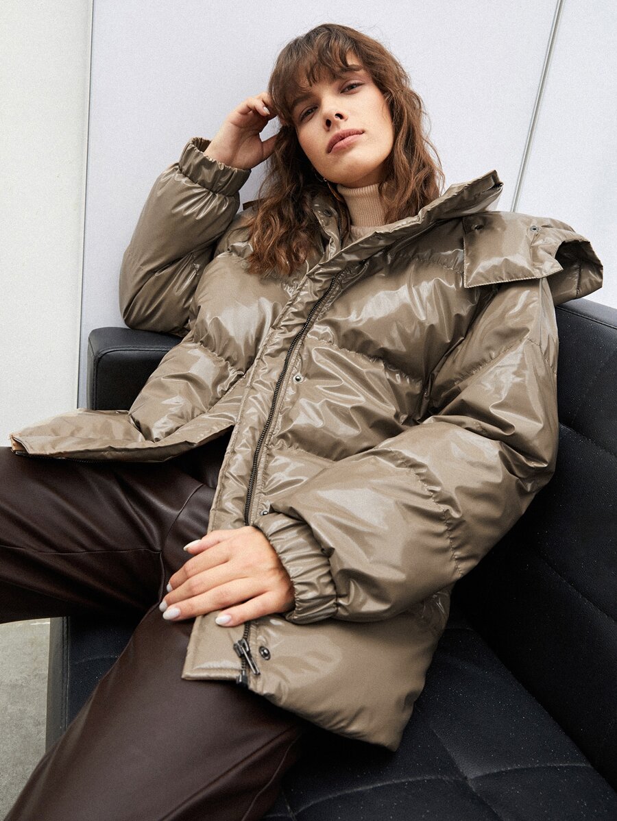 SHEIN EZwear Áo khoác độn có mũ trùm đầu có khóa kéo chắc chắn - Màu nâu  Mocha - Xem 1