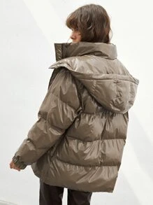 SHEIN EZwear Áo khoác độn có mũ trùm đầu có khóa kéo chắc chắn - Màu nâu  Mocha - Xem 2