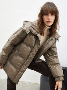 SHEIN EZwear Áo khoác độn có mũ trùm đầu có khóa kéo chắc chắn - Màu nâu  Mocha - Xem 3