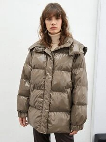 SHEIN EZwear Áo khoác độn có mũ trùm đầu có khóa kéo chắc chắn - Màu nâu  Mocha - Xem 4