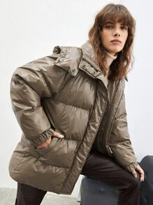 SHEIN EZwear Áo khoác độn có mũ trùm đầu có khóa kéo chắc chắn - Màu nâu  Mocha - Xem 5