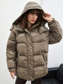 SHEIN EZwear Áo khoác độn có mũ trùm đầu có khóa kéo chắc chắn - Màu nâu  Mocha - Xem 6