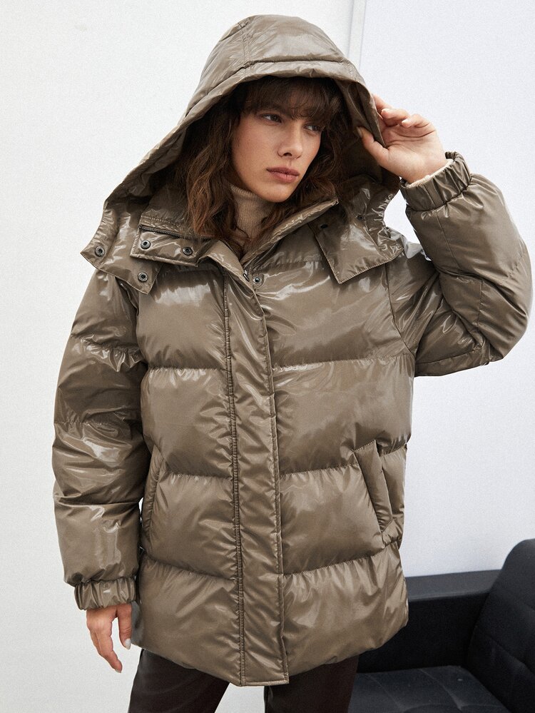 SHEIN EZwear 净色拉链连帽夹棉大衣 - 摩卡棕 - 查看 6