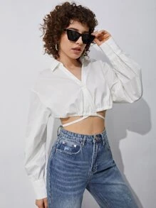 SHEIN Camisa corta bajo con cordón - Blanco - Ver 3