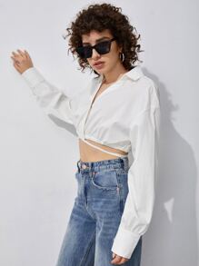 SHEIN Camisa corta bajo con cordón - Blanco - Ver 4