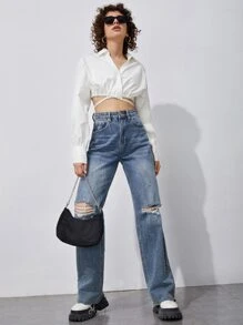 SHEIN Camisa corta bajo con cordón - Blanco - Ver 5
