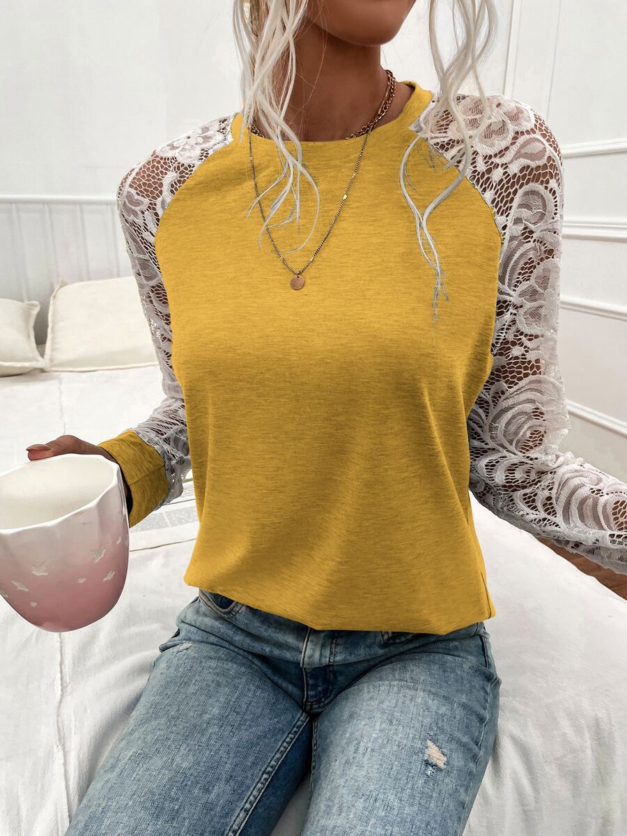 SHEIN LUNE Contrast Lace Raglan Sleeve Tee - Mustard Yellow - View 1