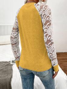 SHEIN LUNE Contrast Lace Raglan Sleeve Tee - Mustard Yellow - View 2