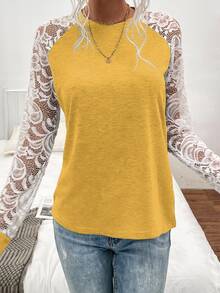 SHEIN LUNE Contrast Lace Raglan Sleeve Tee - Mustard Yellow - View 3