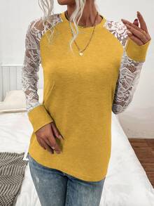 SHEIN LUNE Contrast Lace Raglan Sleeve Tee - Mustard Yellow - View 4