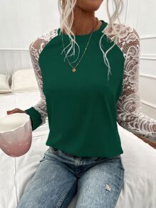 SHEIN LUNE Contrast Lace Raglan Sleeve Tee - Dark Green - View 1
