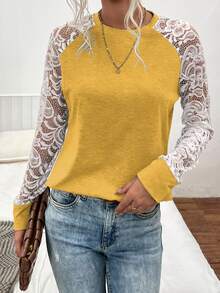 SHEIN LUNE Contrast Lace Raglan Sleeve Tee - Mustard Yellow - View 5