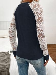SHEIN LUNE Contrast Lace Raglan Sleeve Tee - Navy Blue - View 2
